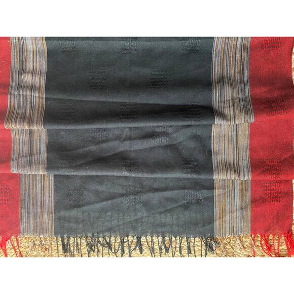 Large Womens Scarf with Fringe 25.5" x 67" Black Red Color Block - Picture 1 of 3